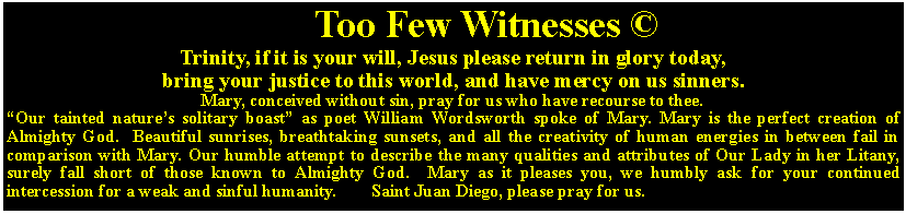Text Box:                Too Few Witnesses Trinity, if it is your will, Jesus please return in glory today,bring your justice to this world, and have mercy on us sinners.Mary, conceived without sin, pray for us who have recourse to thee.Our tainted natures solitary boast as poet William Wordsworth spoke of Mary. Mary is the perfect creation of Almighty God.  Beautiful sunrises, breathtaking sunsets, and all the creativity of human energies in between fail in comparison with Mary. Our humble attempt to describe the many qualities and attributes of Our Lady in her Litany, surely fall short of those known to Almighty God.  Mary as it pleases you, we humbly ask for your continued intercession for a weak and sinful humanity.        Saint Juan Diego, please pray for us.